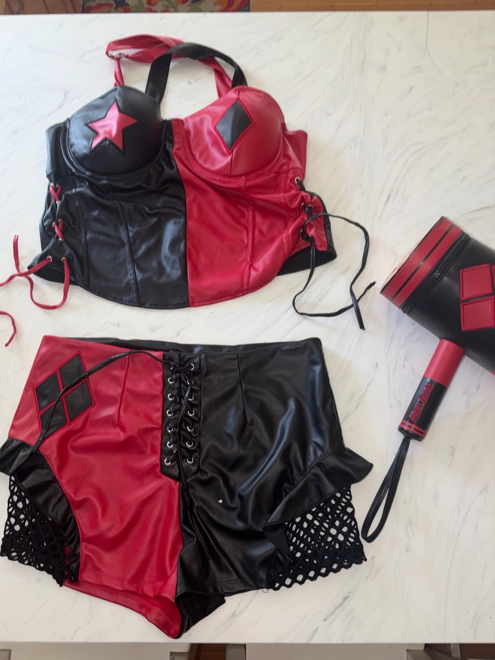 Harley quinn corset top lace up shorts cos play set mallet purse l xl spirit